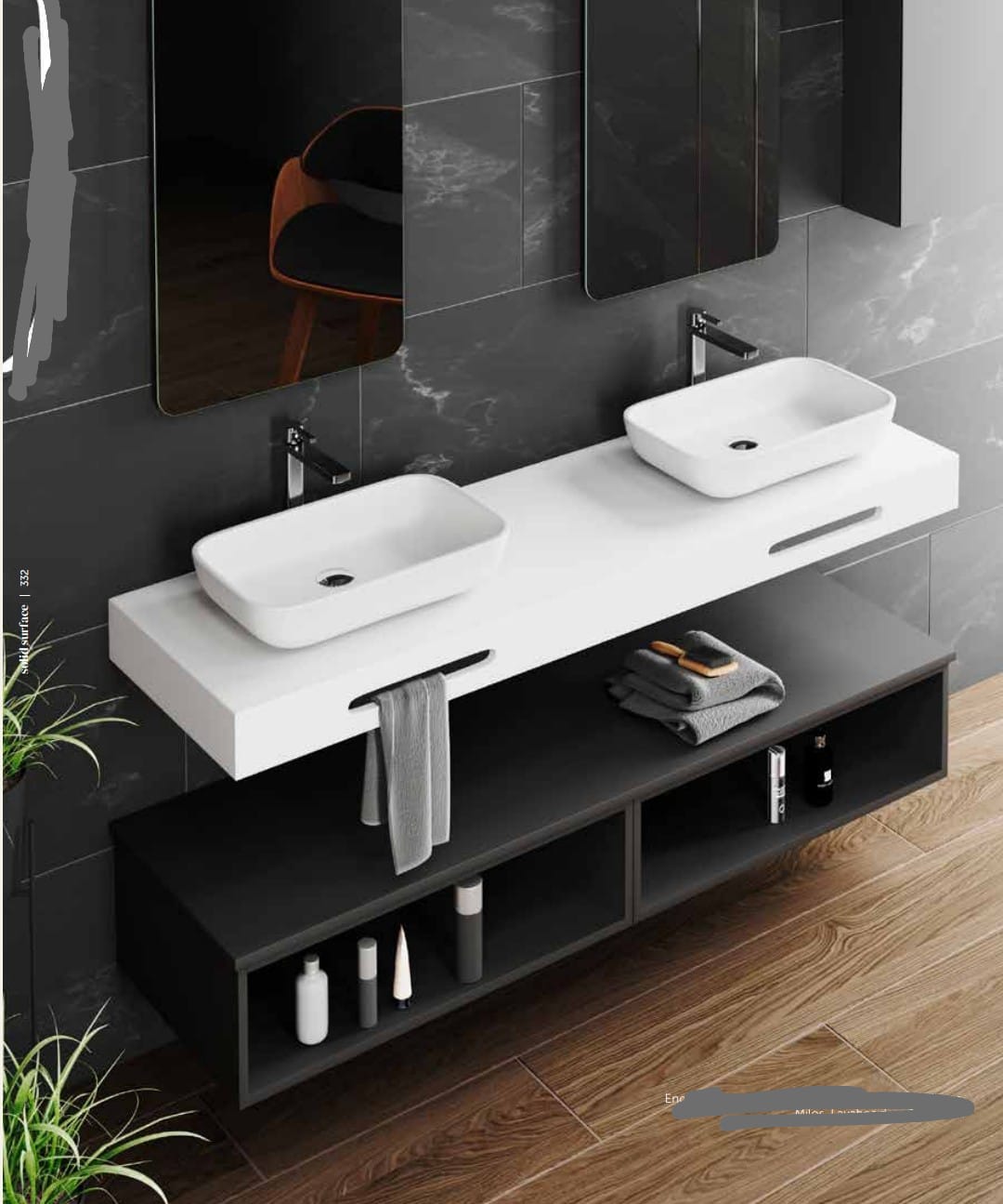 Doble lavabo Solid Surface sobre encimera blanca